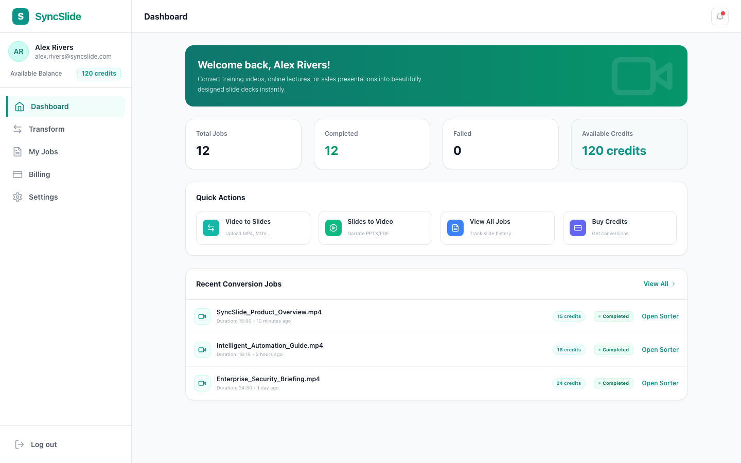 SyncSlide Dashboard real application screenshot